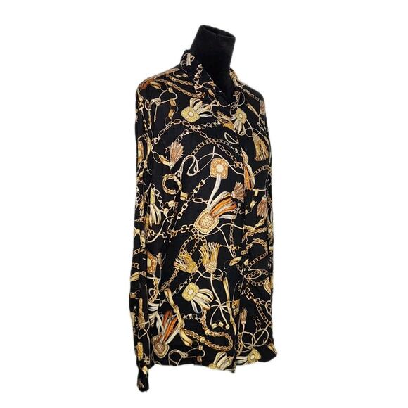 Zara Long sleeve Chain Tassel Baroque Print Shirt Tunic Top Black Gold Size M - Picture 2 of 6